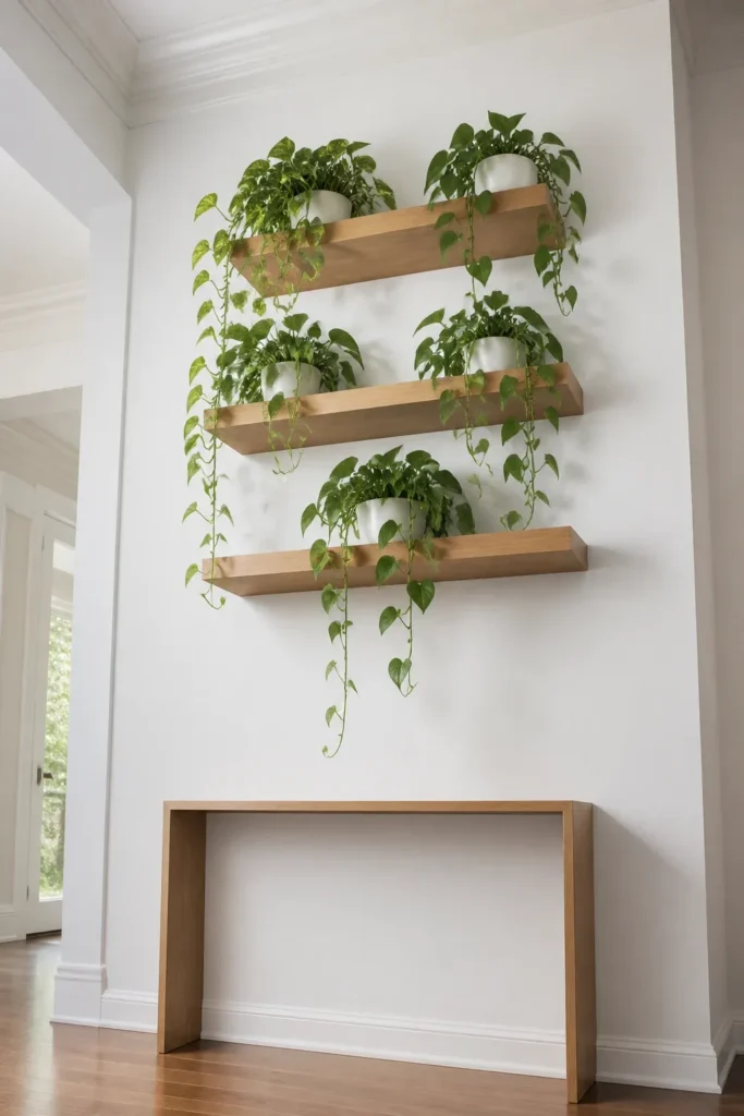 Floating wooden shelves with trailing green plants on a high white wall.