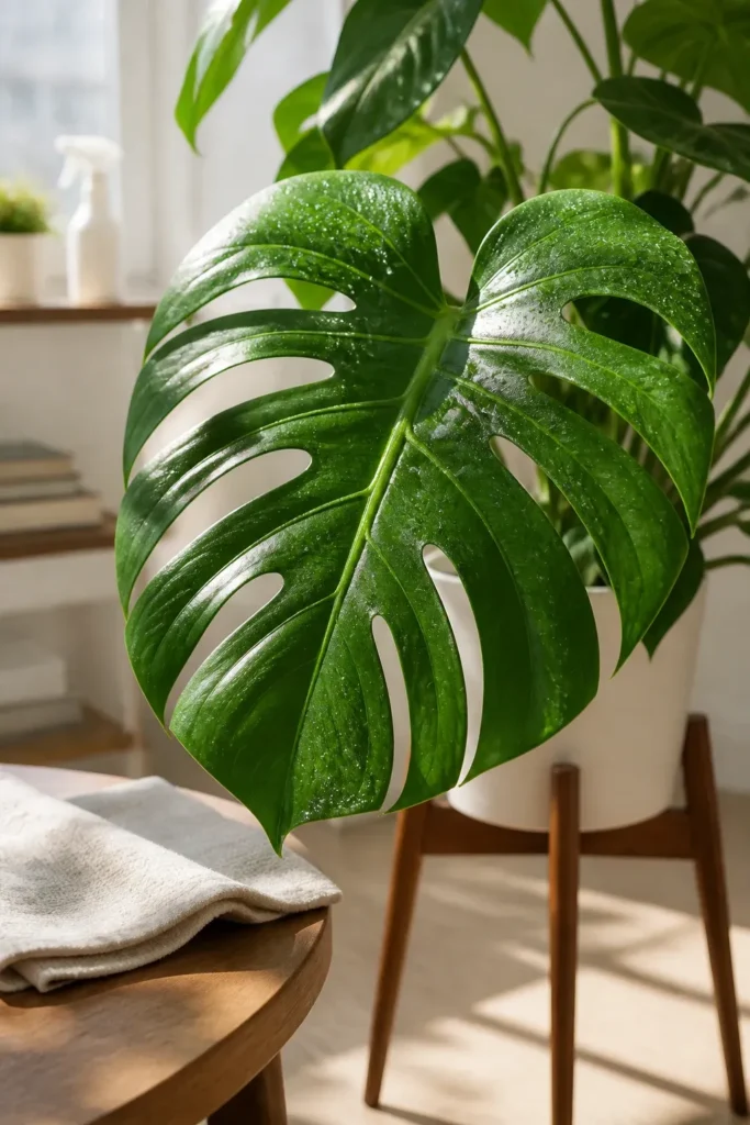 A close-up of a shiny, dust-free Monstera leaf in a clean, bright room.