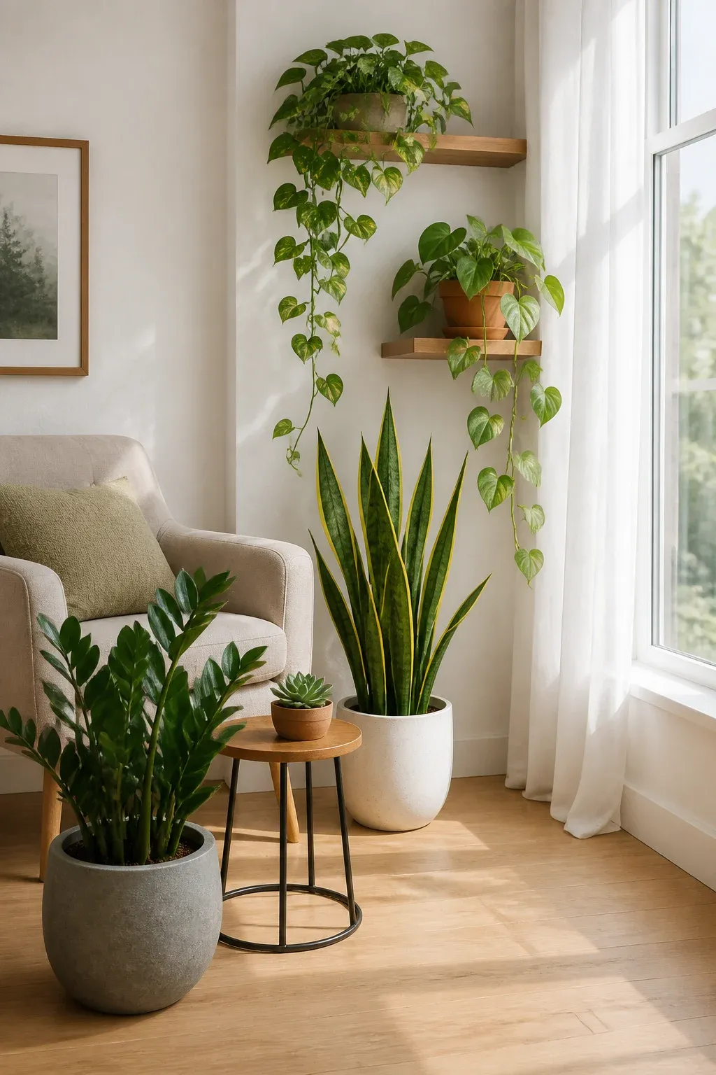 A bright room filled with healthy snake plants, pothos, and ZZ plants near a large window.