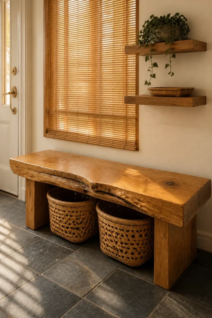 A rustic reclaimed wood bench in an entryway with bamboo blinds and woven baskets.