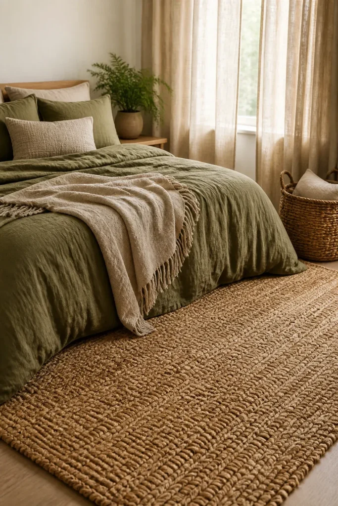 A bedroom with moss green linen bedding, a jute rug, and soft oatmeal curtains.