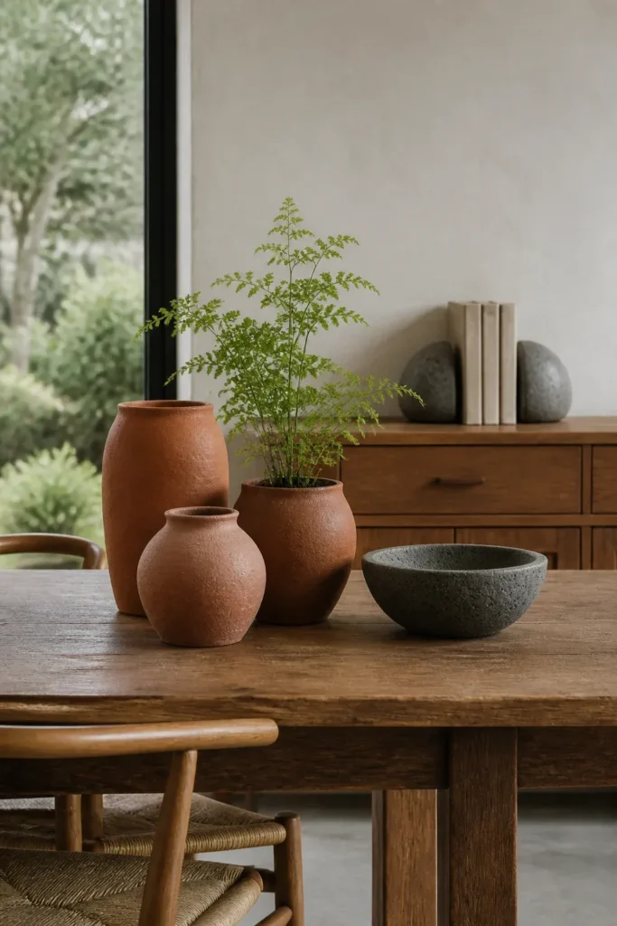 Terracotta pots with a fern and stone bowls on a solid oak dining table.