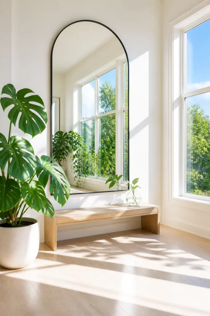 A bright room with a large mirror reflecting a window and green plants to enhance light.