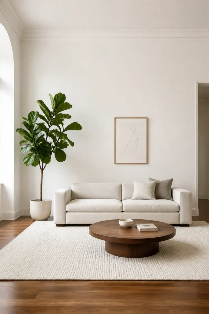 A clean, minimalist living room with a fiddle leaf fig and a walnut coffee table.