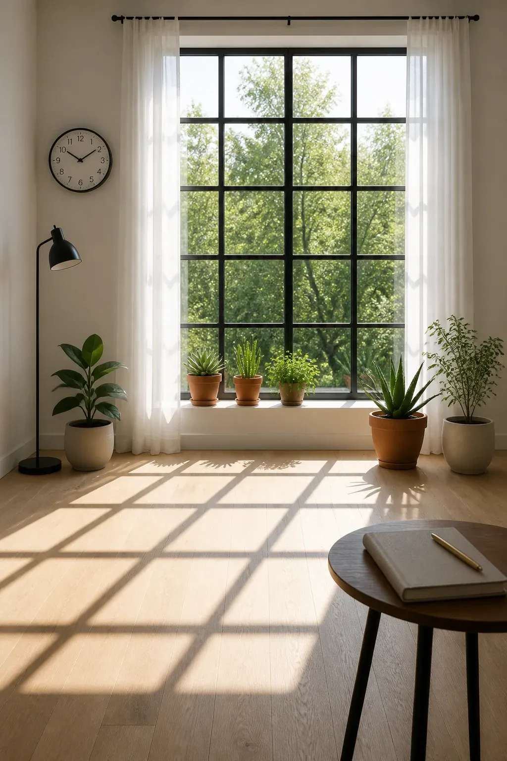 A bright window with sunlight streaming onto a wooden floor and various potted plants.