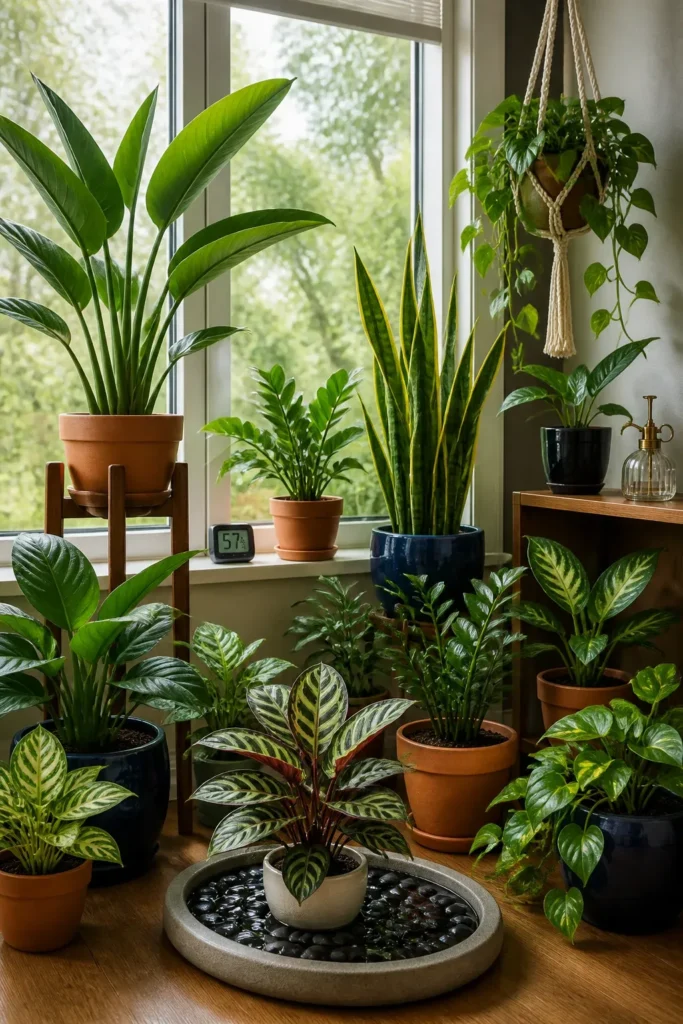 A variety of healthy indoor plants including snake plants and succulents in a bright window nook.