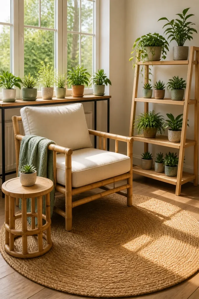 A cozy bamboo chair and wooden plant shelf arranged in a sunlit window corner.