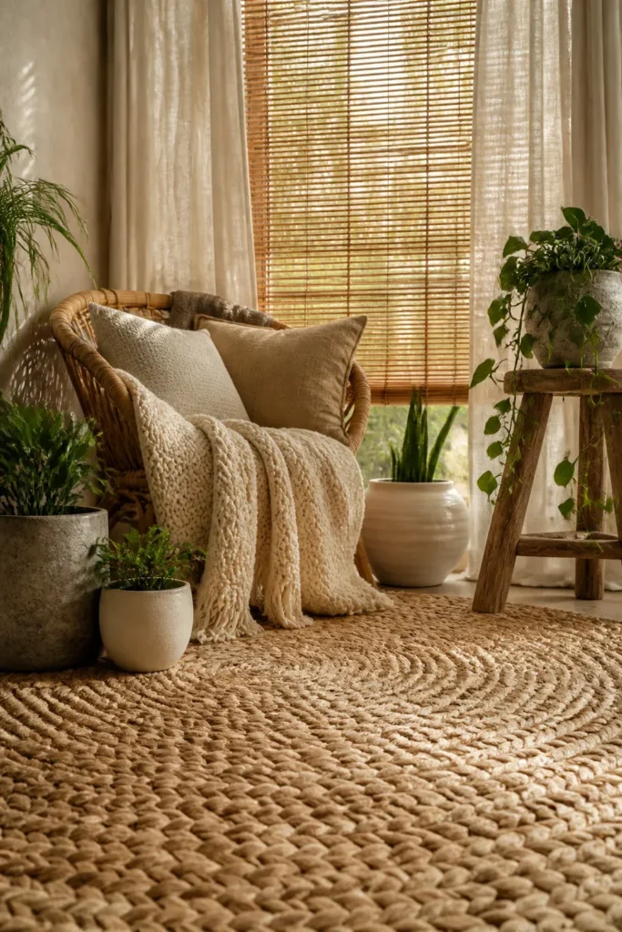 A cozy corner with a jute rug, linen curtains, and a chunky knit blanket among indoor plants.