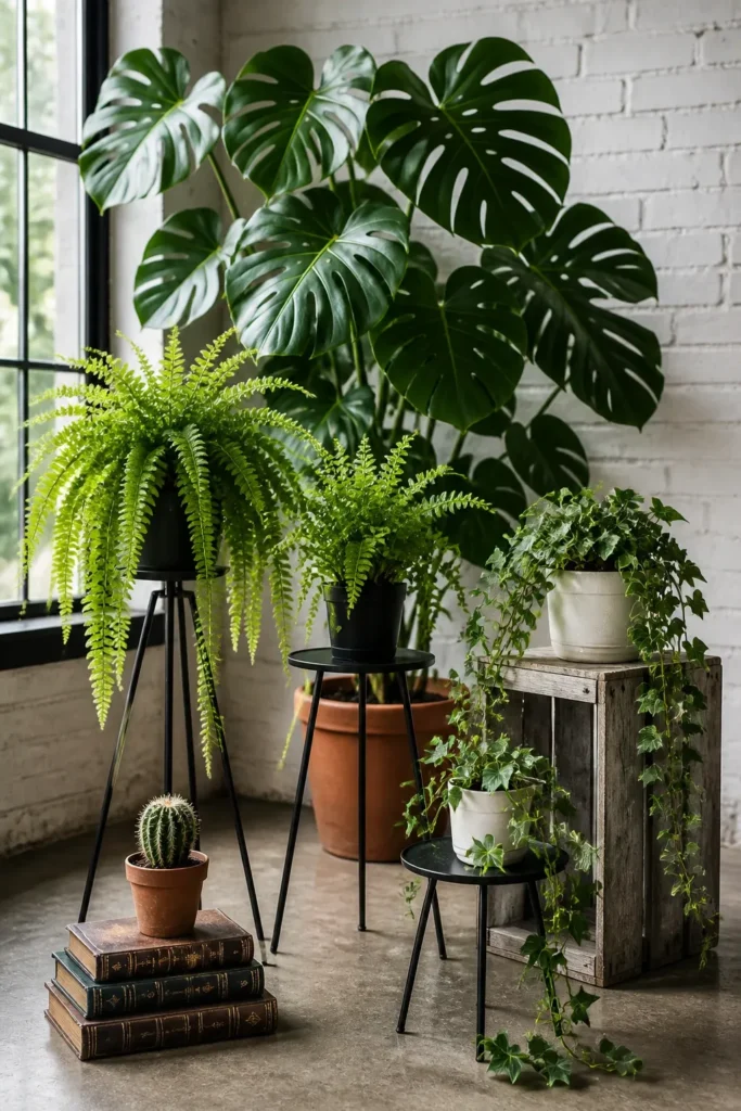 An arrangement of indoor plants at different heights using stands and crates in a sunlit room.