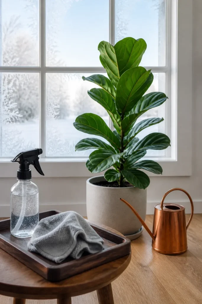 A clean plant nook in winter with a copper watering can and a cloth for cleaning leaves.