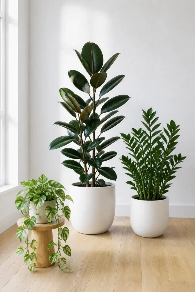 Dark green Rubber Tree and variegated Pothos plants against a bright white wall.