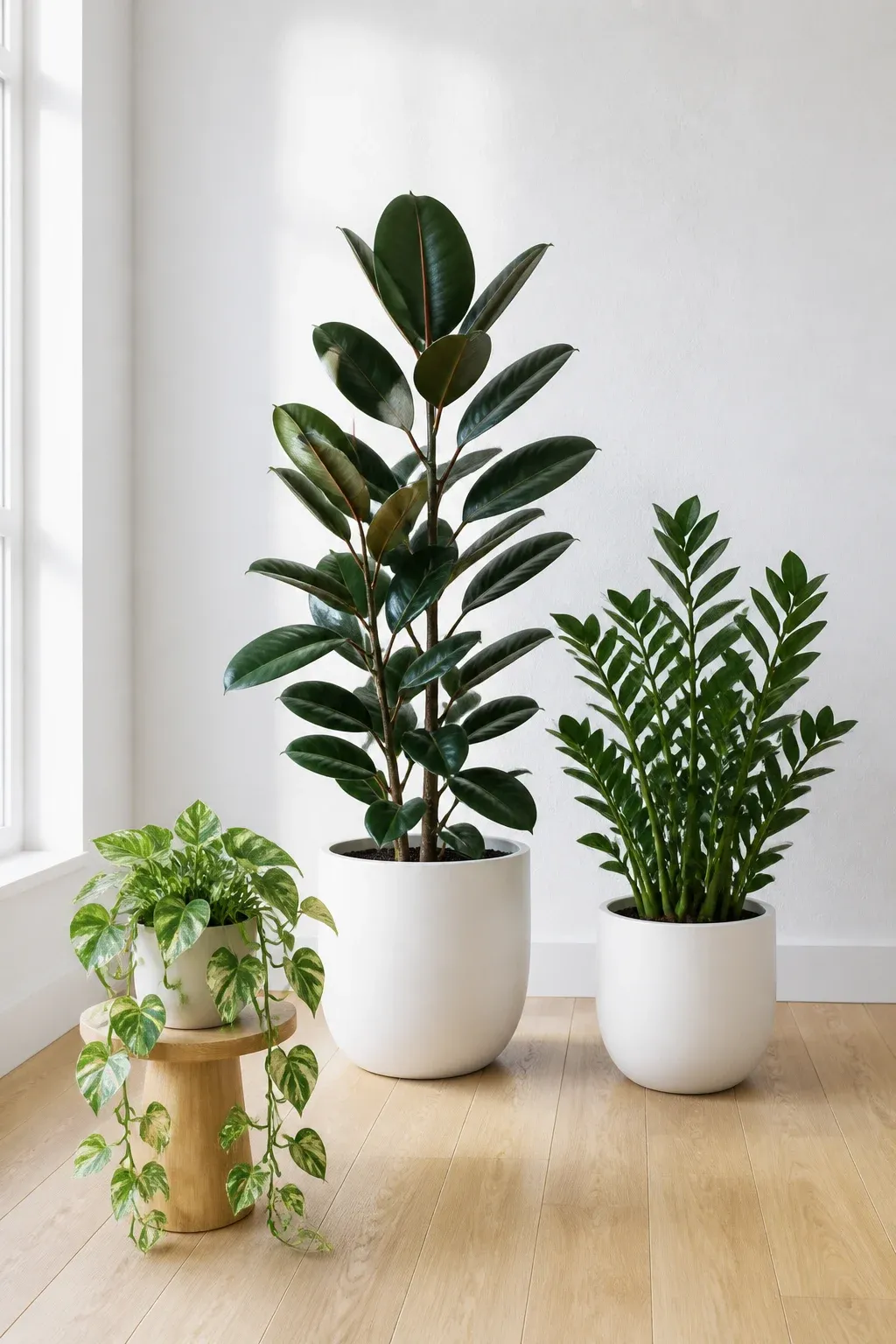 Dark green Rubber Tree and variegated Pothos plants against a bright white wall.