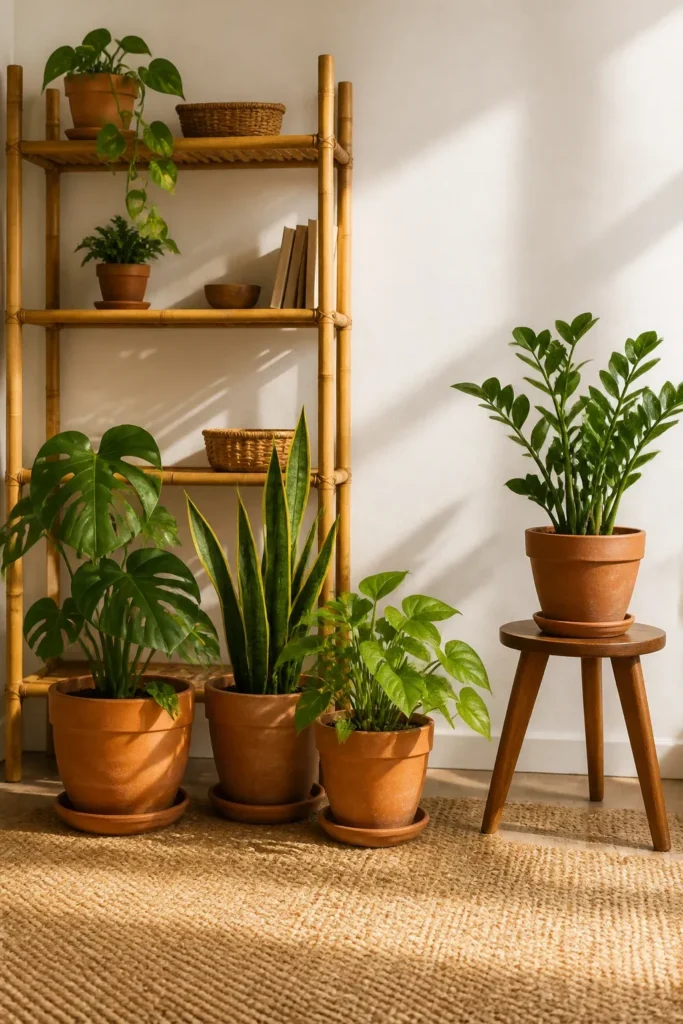 Terracotta pots and bamboo shelves with green plants against a white wall.