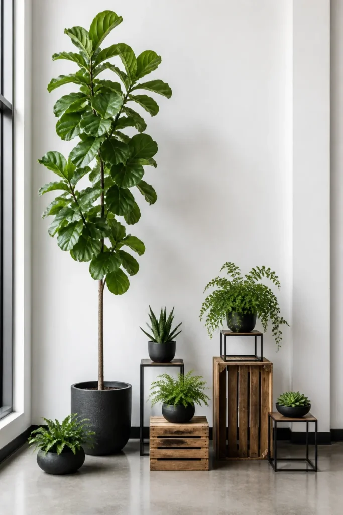 A tall Fiddle Leaf Fig and smaller plants on stands creating height against a white wall.