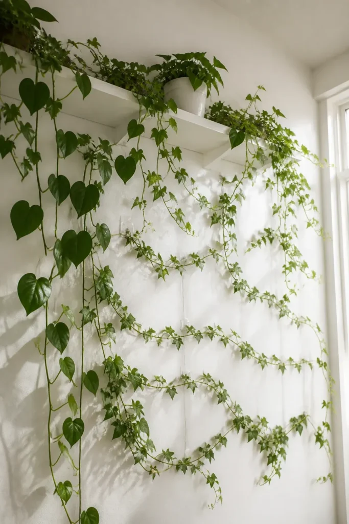 Trailing Philodendron vines growing across a large white wall from a high shelf.