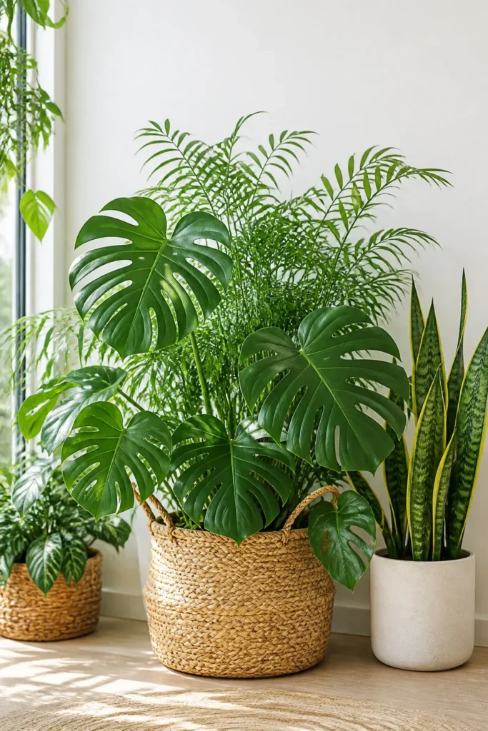A group of Monstera and Palm plants with different leaf textures against a white wall.