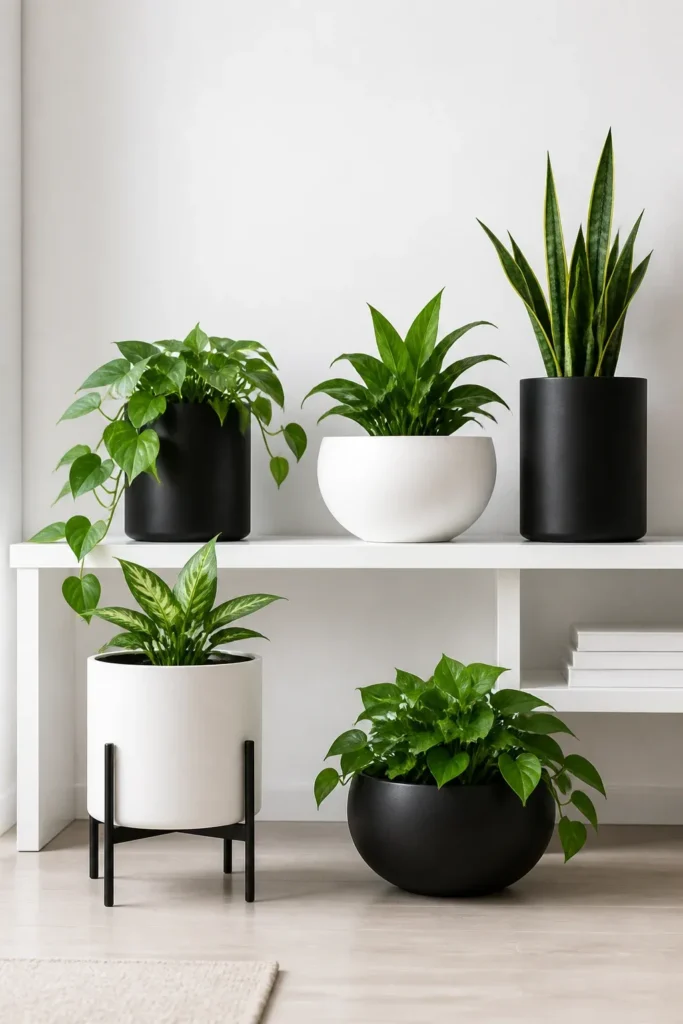 Matte black and white minimalist pots with plants arranged against a white wall.