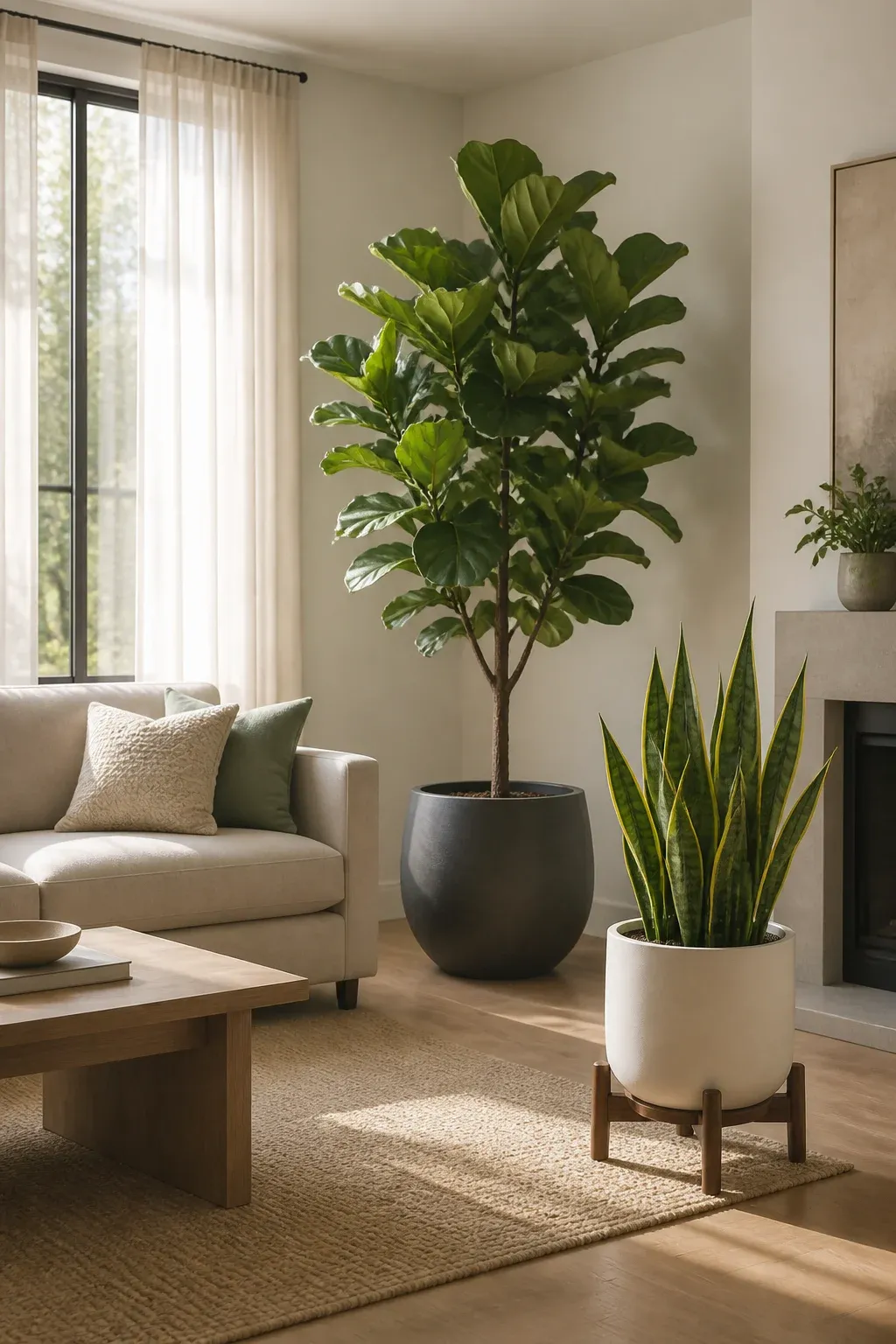 High-quality artificial fiddle leaf fig and snake plants in a modern living room.