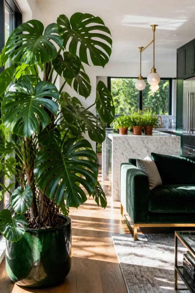 A large live Monstera plant in a sunlit modern living room with a kitchen in the background.