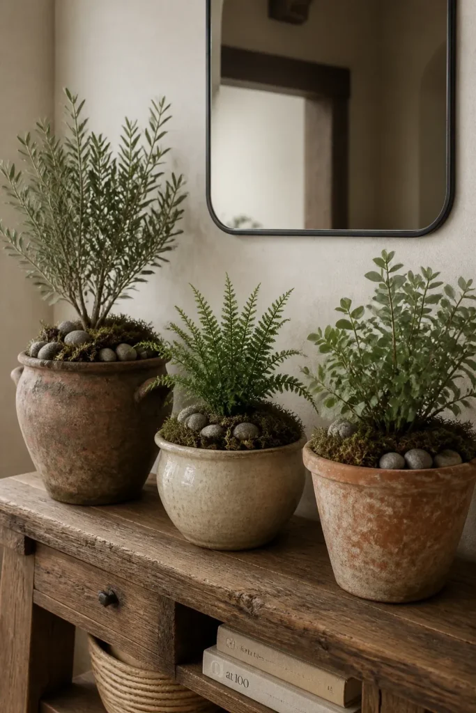 Close-up of plant pots filled with real soil, moss, and stones to hide artificial bases.