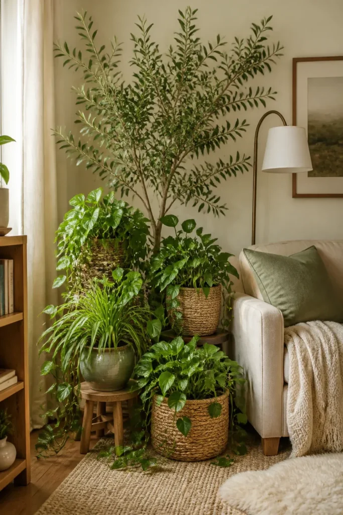 A dense cluster of live and artificial plants of various heights in a cozy room corner.