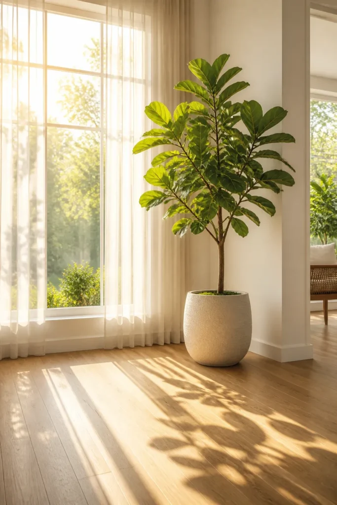 An artificial tree placed in a bright, sunlit window with soft shadows on the floor.