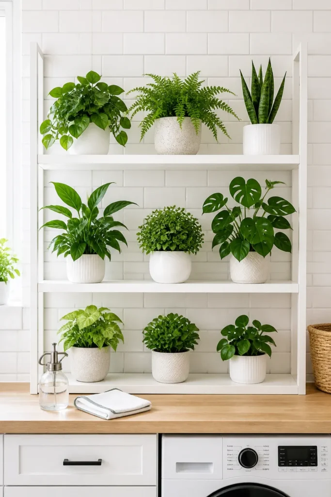 A collection of clean, dust-free live and artificial plants on white minimalist shelves.