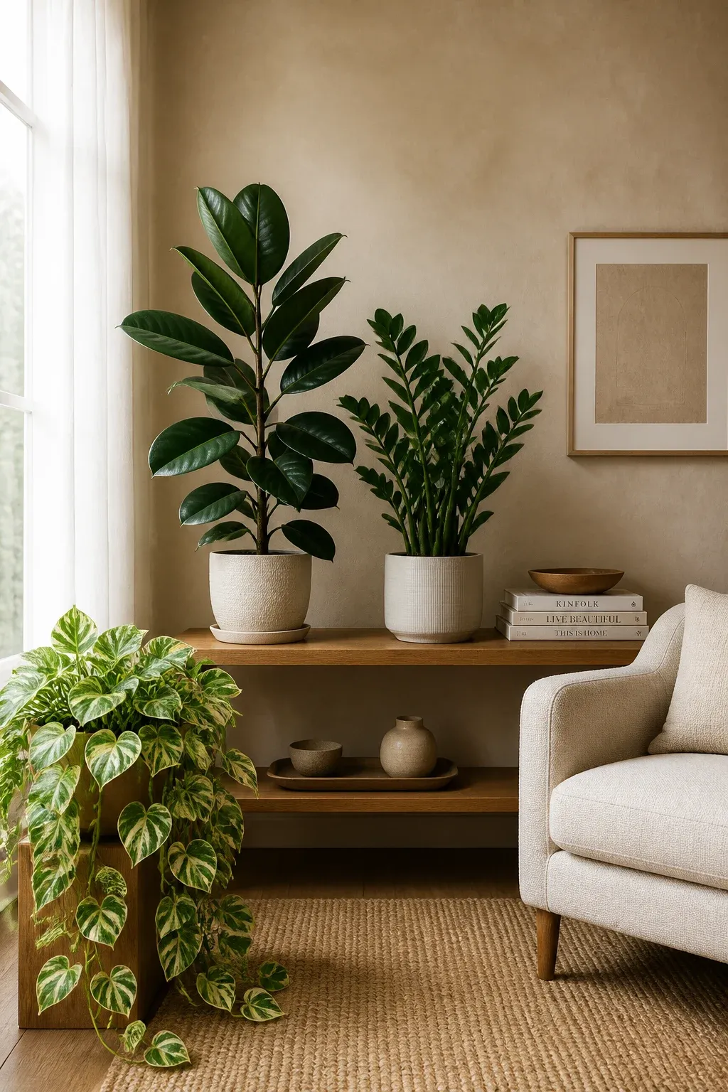 Dark green rubber plants and variegated pothos against warm beige walls in a neutral room.