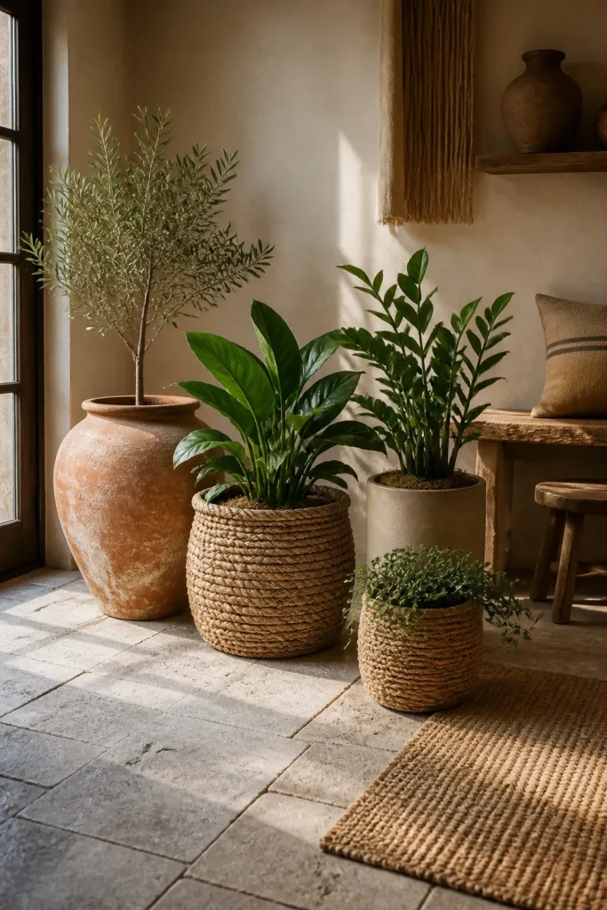Terracotta and woven basket planters holding green plants on a stone floor.