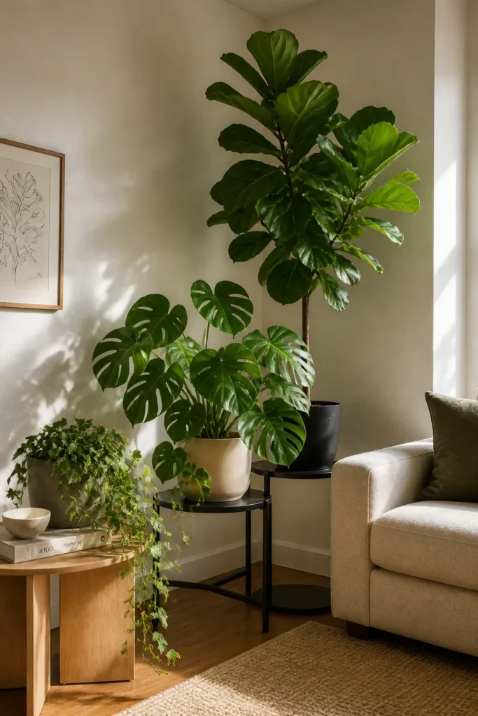 A tall tree, bushy plant, and trailing vine grouped together in a neutral room corner.