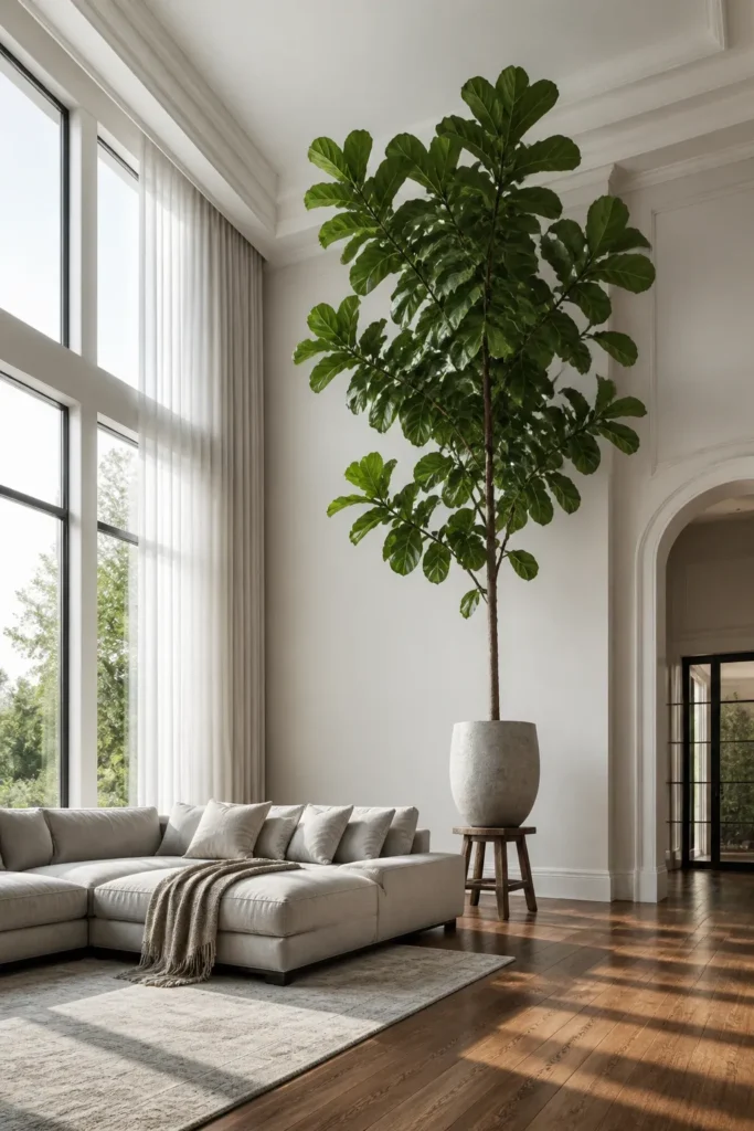 A tall fiddle leaf fig tree standing next to a sofa in a room with high ceilings.