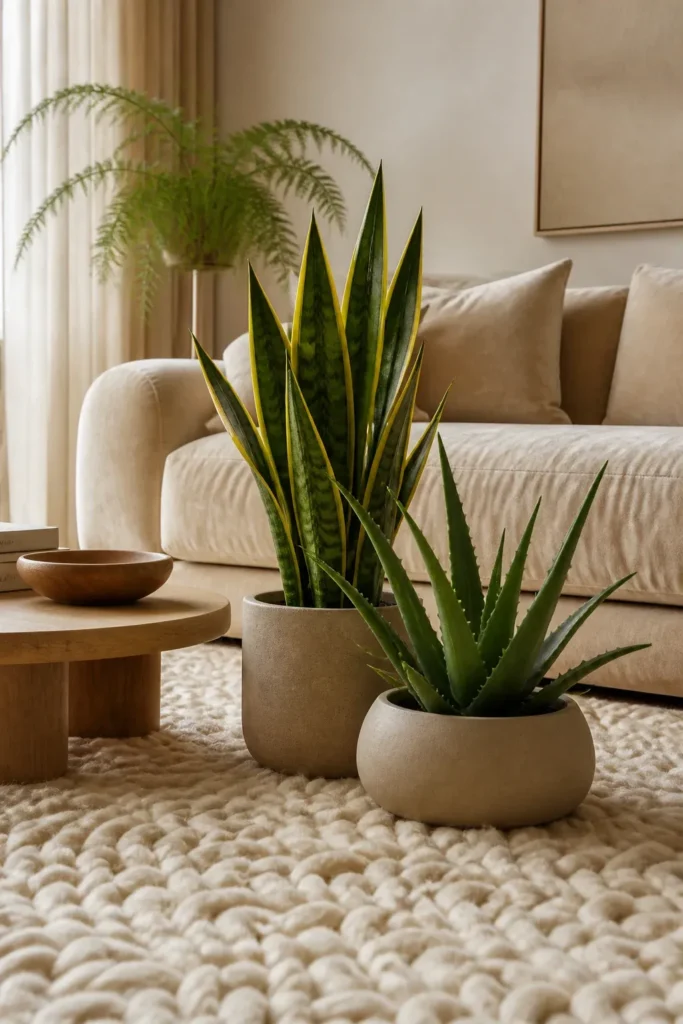 Sharp snake plants positioned in front of a soft velvet sofa and wool rug.