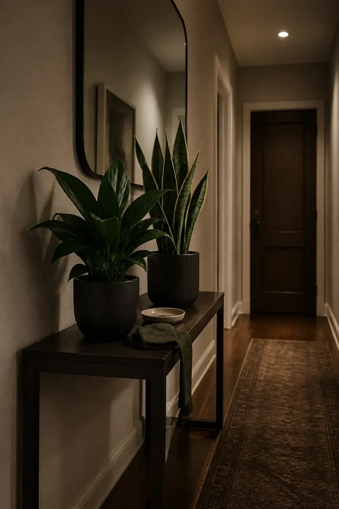 Hardy green plants on a console table in a dimly lit, warm neutral hallway.