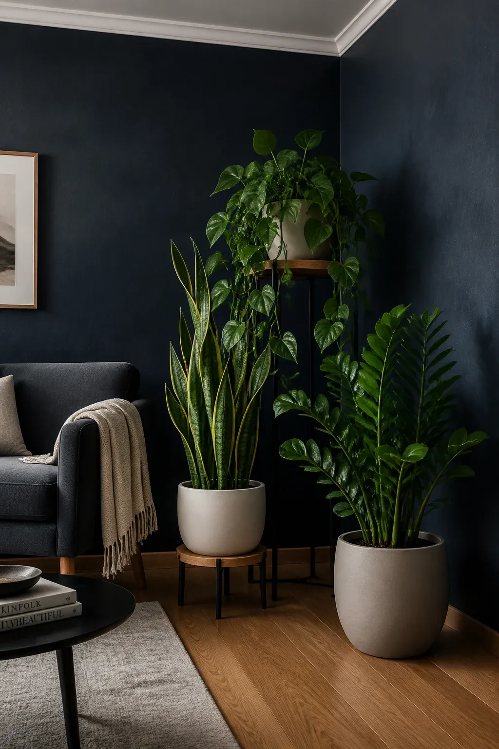 A collection of snake plants and ZZ plants in a stylish dark blue room corner.