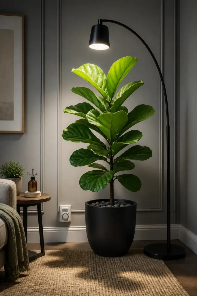A sleek black floor lamp with a grow bulb illuminating a large green plant in a corner.