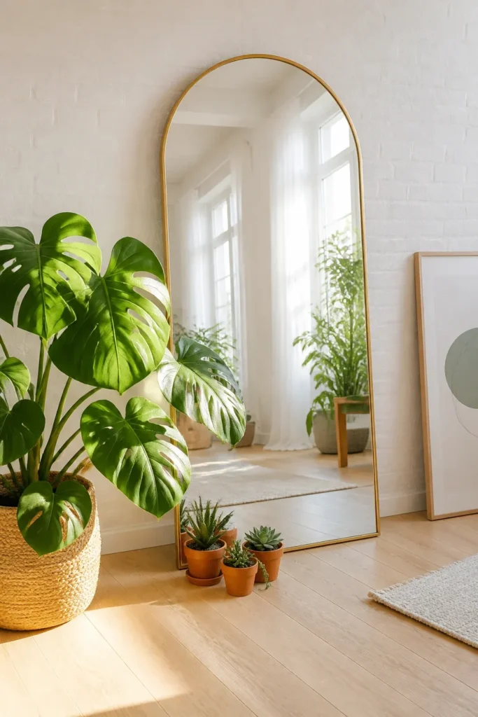 A large gold-framed mirror reflecting bright window light onto plants in a white room.