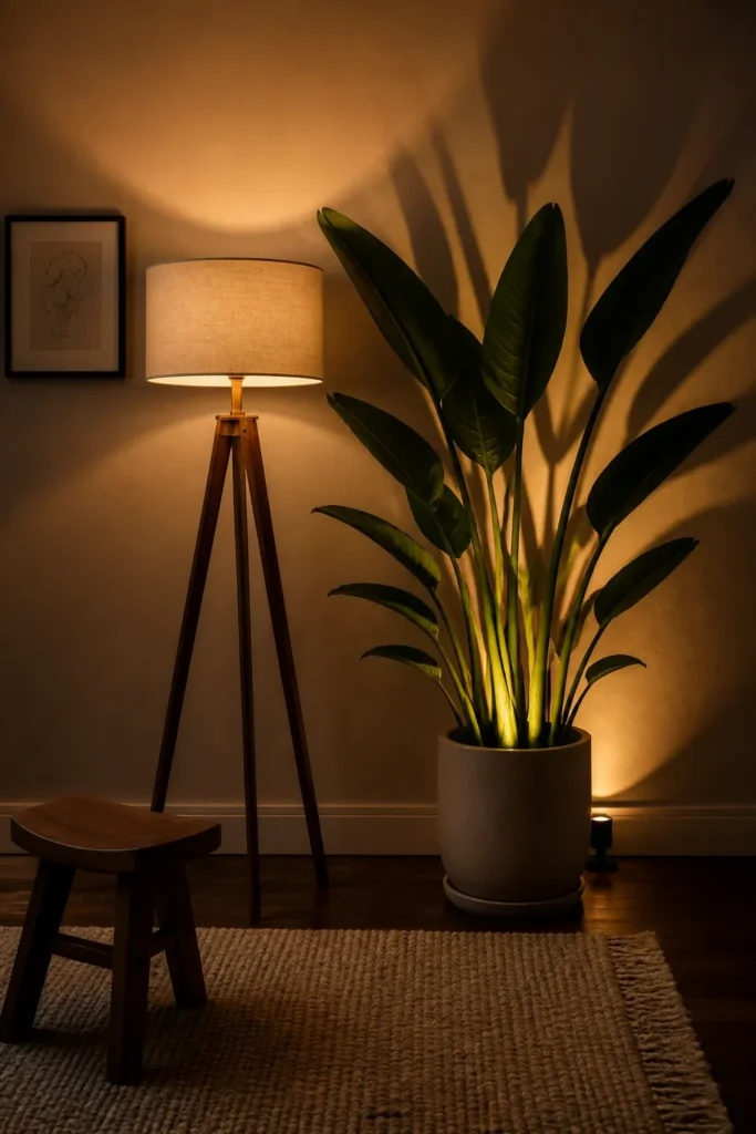 A floor lamp and hidden spotlight creating dramatic leaf shadows in a cozy corner.