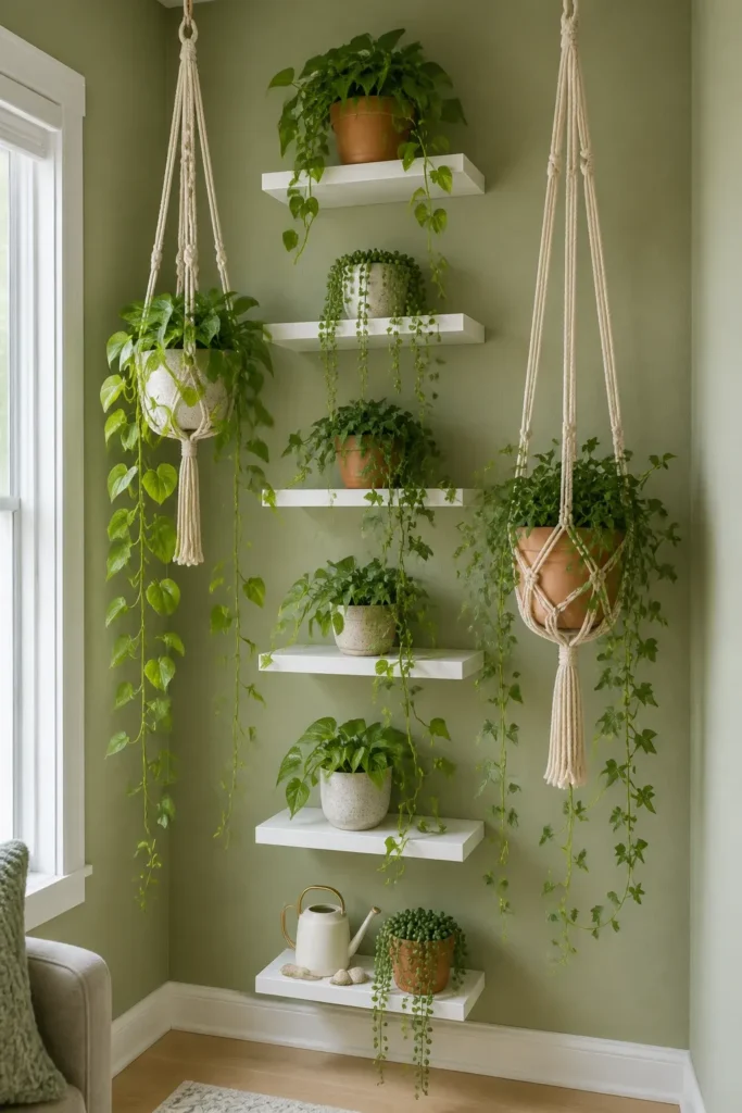 A vertical arrangement of plants on shelves and in macrame hangers in a green corner.