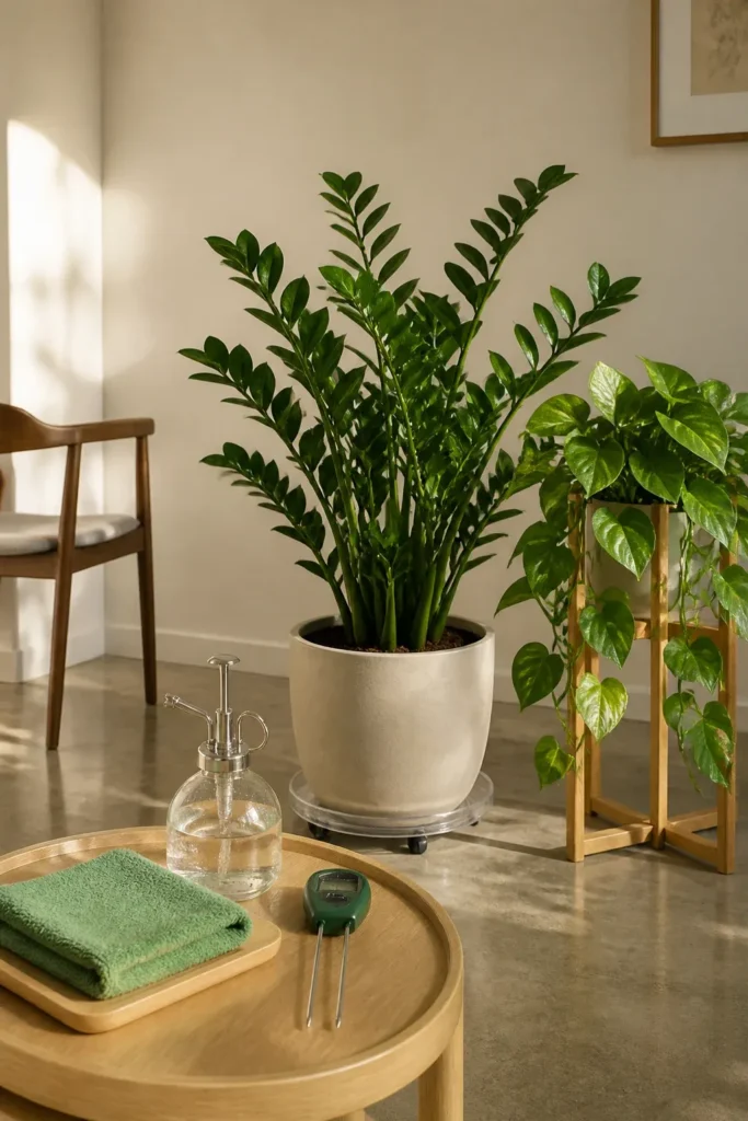 A clean corner with healthy plants, a microfiber cloth, and a water mister on a table.