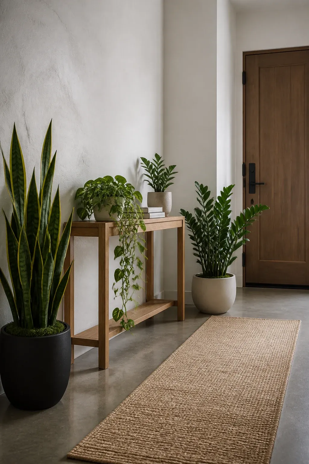 A quiet entryway with a Snake Plant, ZZ Plant, and trailing Pothos on a wooden console table.