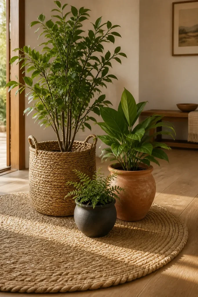 A group of plants in terracotta and woven seagrass pots on a jute rug in an entryway.