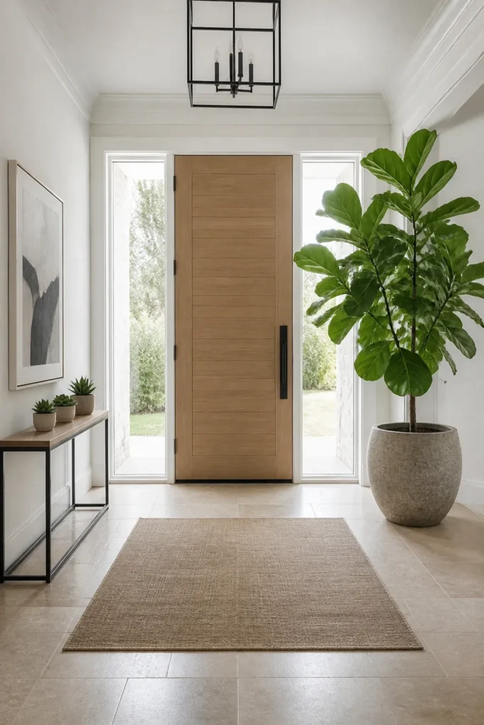 A wide entryway with a large Fiddle Leaf Fig tree in a stone pot next to a modern front door.