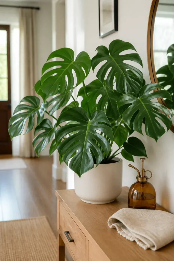 A healthy Monstera plant with clean, vibrant leaves sitting in a bright entryway.