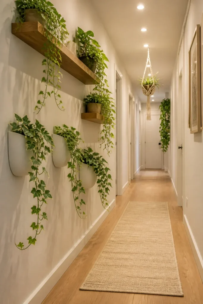A narrow hallway with plants on floating shelves and in macrame hangers, keeping the floor clear.