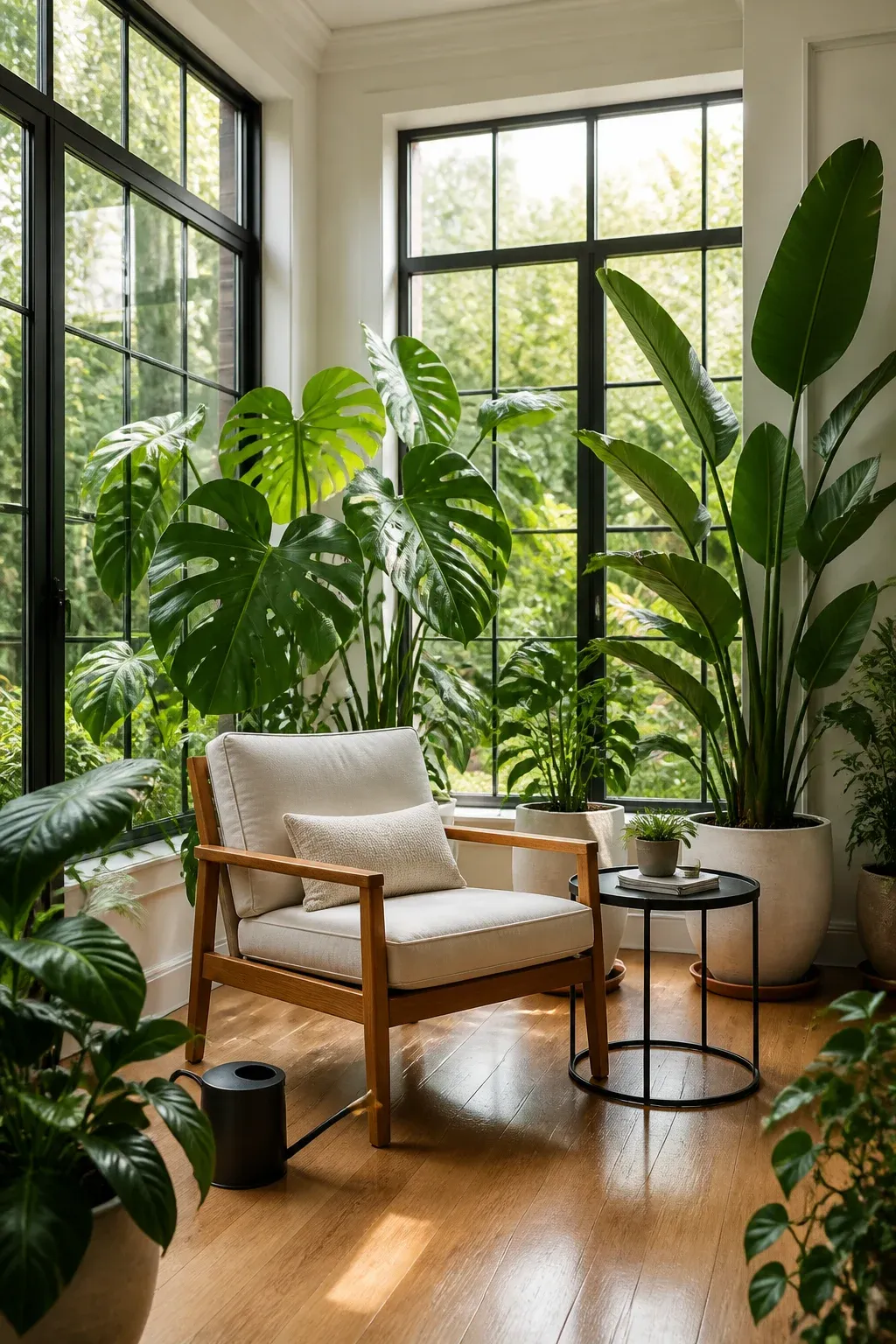A teak armchair and metal table surrounded by large tropical plants in a bright sunroom.