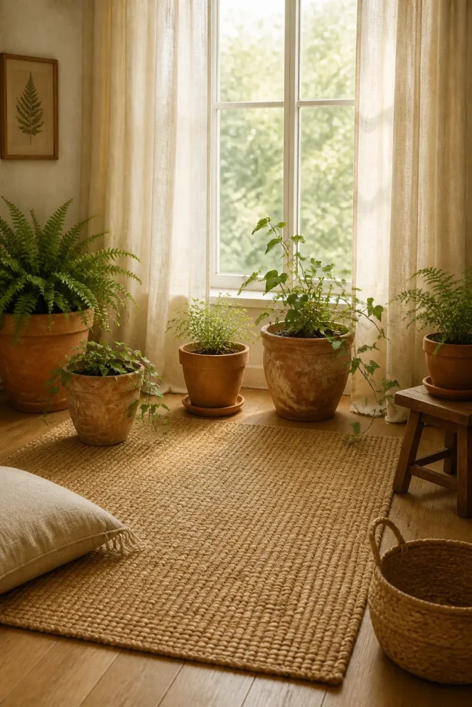 A jute rug and linen curtains softening a room filled with terracotta plant pots.