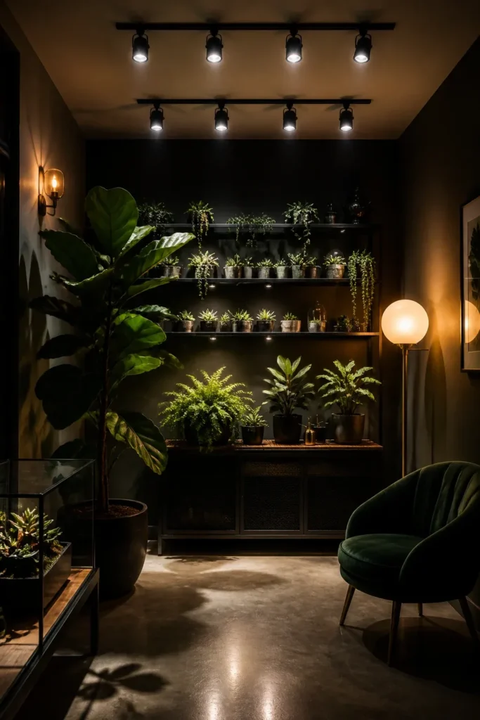 A plant room at night with warm floor lamps and full-spectrum grow lights illuminating greenery.