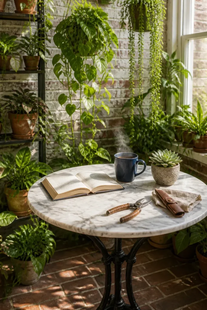 A marble bistro table with a coffee cup and book surrounded by lush indoor plants.