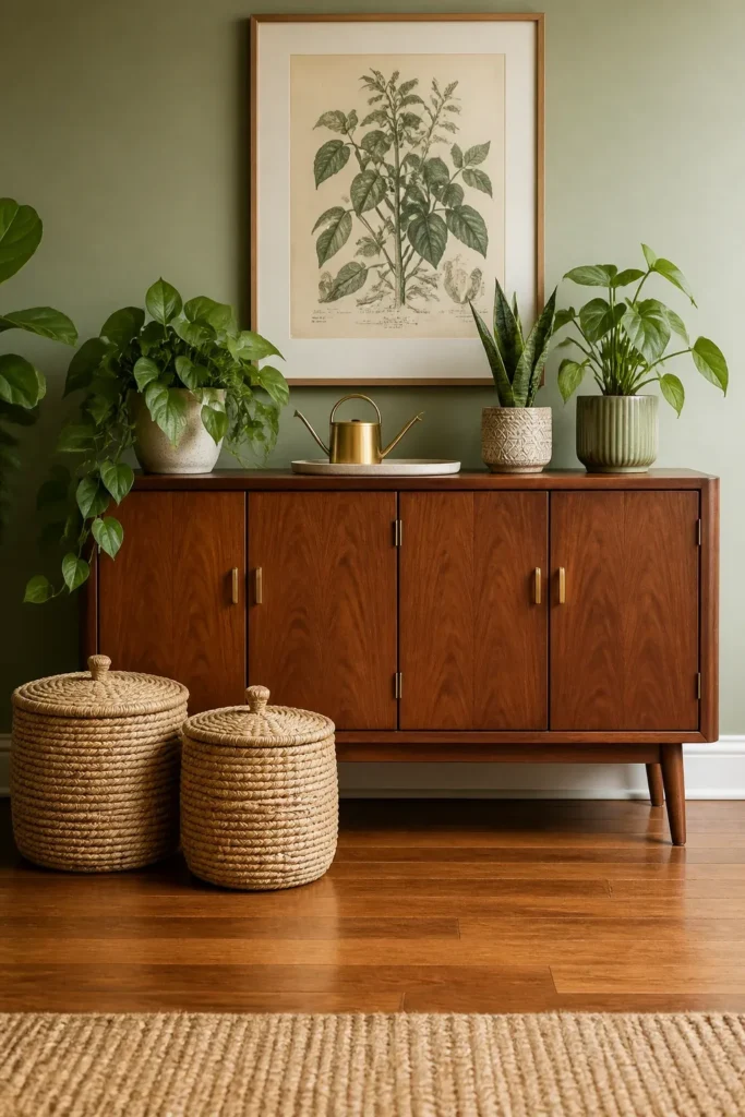 A walnut sideboard and woven baskets used to hide gardening tools in a clean plant room.