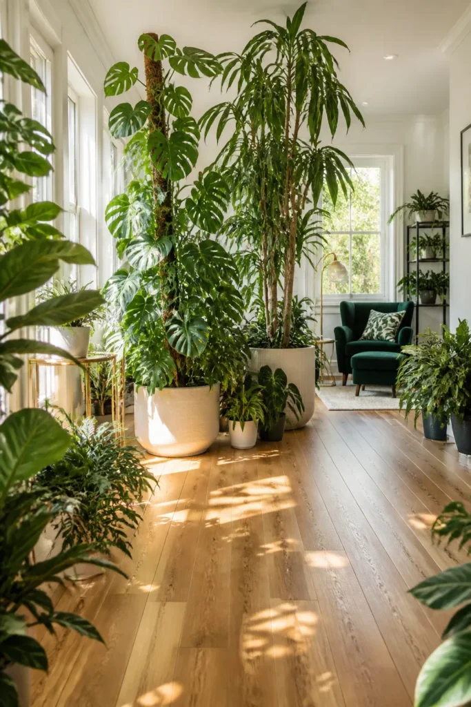 A spacious plant room layout with a clear path and tall plants acting as a room divider.